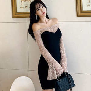 Lace stitching contrast one line collar flared sleeve dress women’s hip skirt