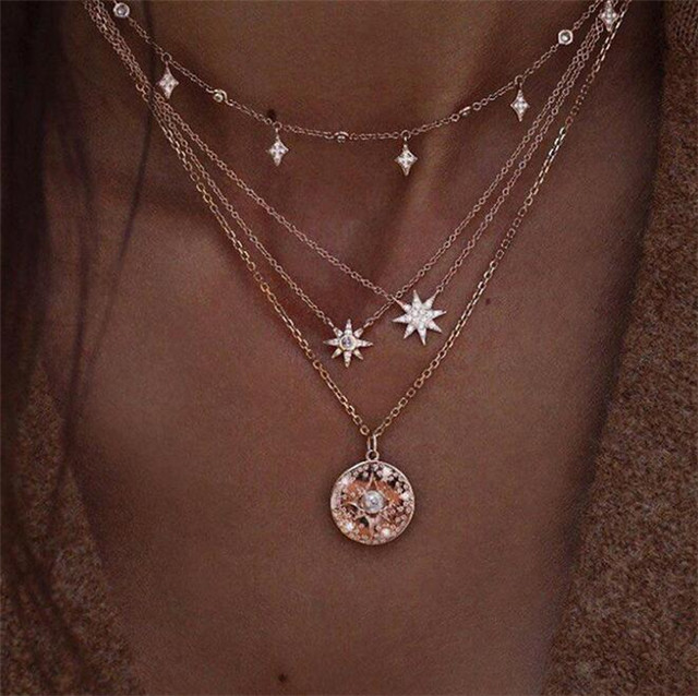 Bohemian 100 lap collarbone chain Item decoration European and American minimalist Stars Moon Multilayer Pendant Necklace