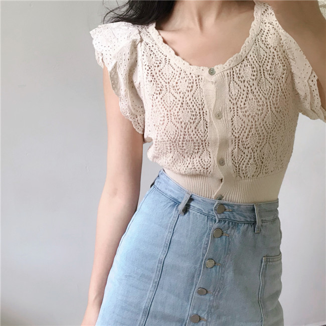 Spring and summer new French retro heavy industry hook flower girl lotus leaf sleeve round neck knitted short sleeve T-shirt top women