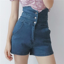 Ultra-high-waist denim shorts female A character pants Korean version button denim hot pants female summer everyday