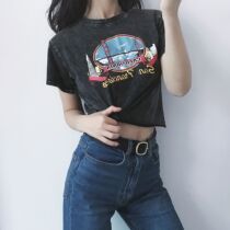 ins retro street style European and American hippie print short T-shirt seaside holiday old loose top