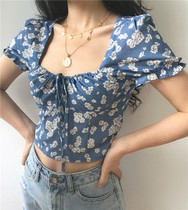 Fa-style retro square frontside Blister Shirt Women Ins Sexy I slim blue Chopped Flowers Short blouses