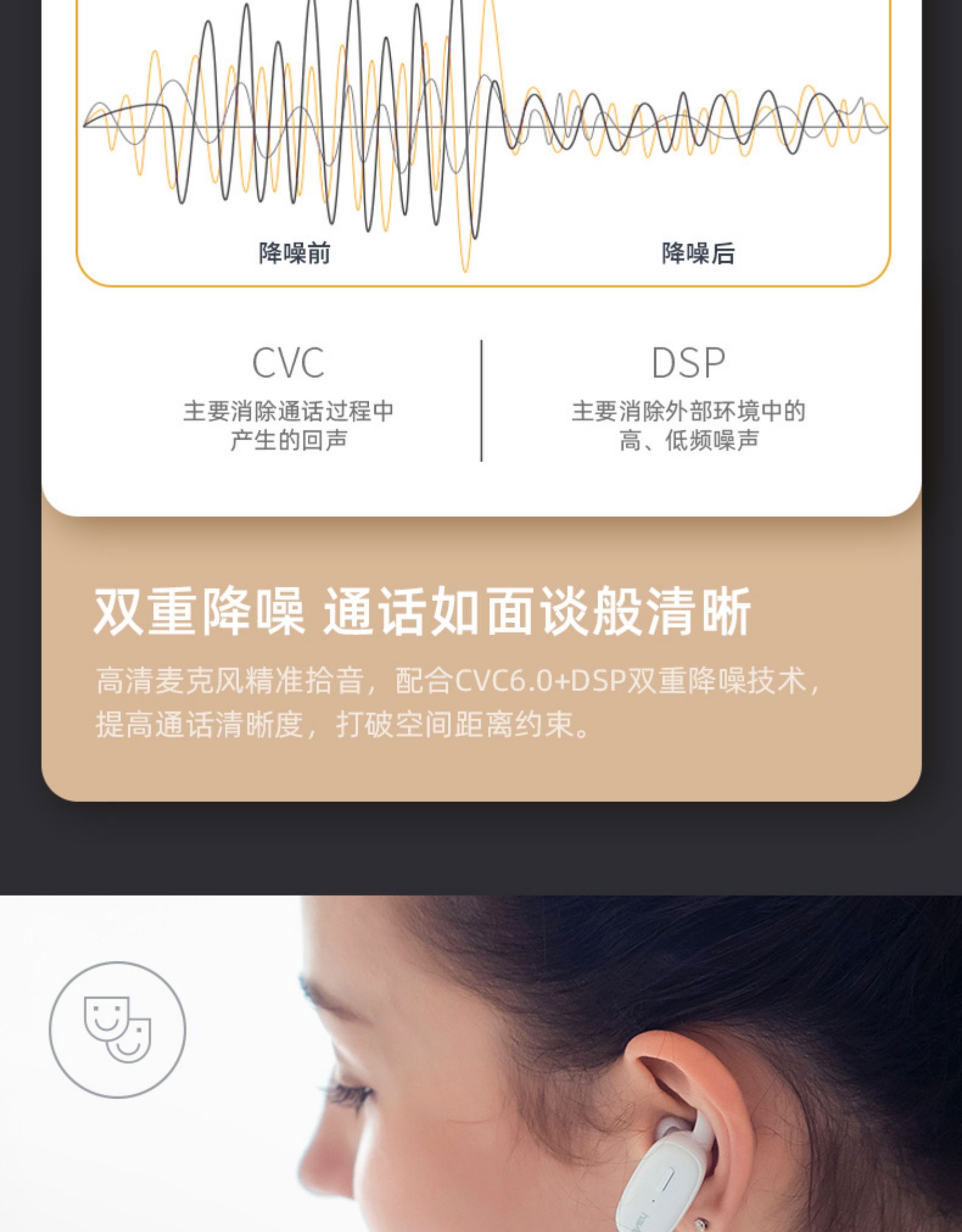 A降噪前降噪后CVCDSP主要消除通话过程中主要消除外部环境中的产生的回声高、低频噪声双重降噪通话如面谈般清晰高清麦克风精准拾音,配合CVC6.0+DSP双重降噪技术,提高通话清晰度,打破空间距离约束。-推好价 | 品质生活 精选好价