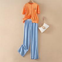 Orange Knit Cardiovert Jacket 2022 Early Autumn New Product Short Sleeves Slim Jeans Sweet And Luxurious Two Sets Pants
