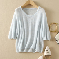 Temperament Simple soft and light round neck knitwear women 2021 autumn solid color loose half sleeve top