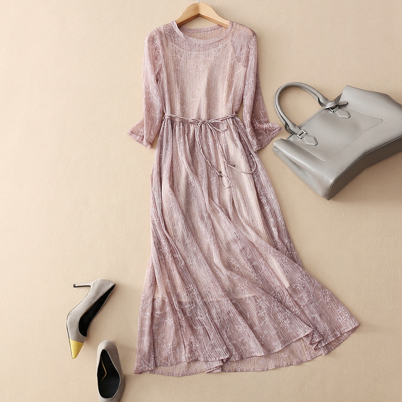 The European and American great cards 2021 spring and summer new heavy pound genuine silk dress high-end mulberry silk dress pink long dress straight up