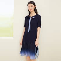 Collettier 2021 new butterfly collar blue gradient dress summer slim temperament commuter pleated skirt female