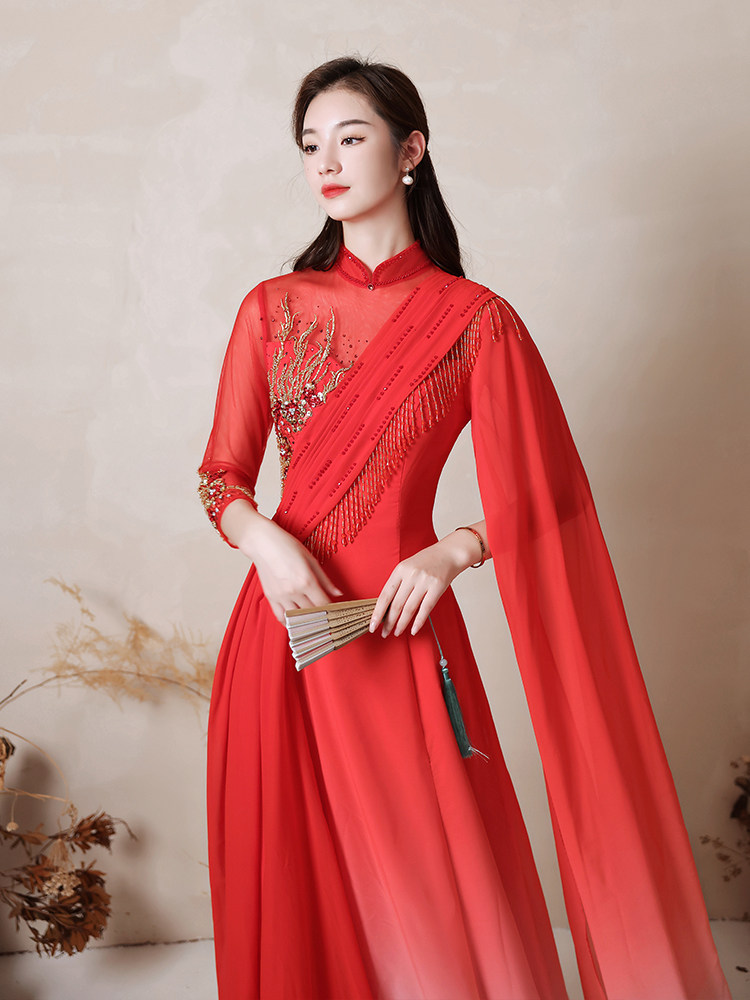 新款古筝演出服大人女中国红民乐演奏服艺考演出舞台表演独唱礼服