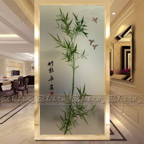 Chinese art glass partition screen decoration frosted craft entrance background wall sliding door glass simple bamboo bird