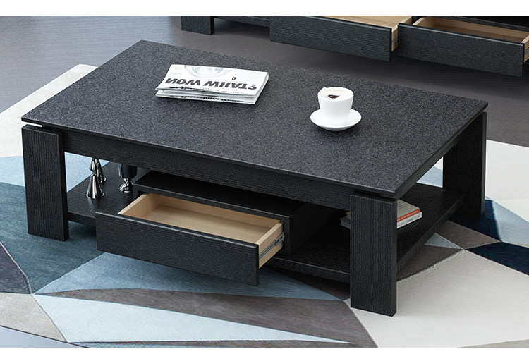 火烧石茶几现代简约黑色电视柜茶几组合玄武石实木贴面大理石茶几