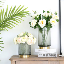 New simple modern flowers rose hydroponic flower arrangement gold rimmed copper ring transparent glass vase