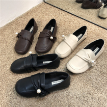 Korean version of INS new students sloth flat bottom small leather shoes butterfly knot pearl large head womens shoes 100 lap two wearing single shoes