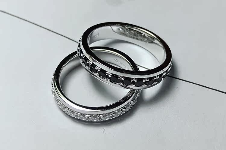 darry情侣对戒指ring镶嵌黑白配钻戒结婚对戒纯银电镀18k白金包邮