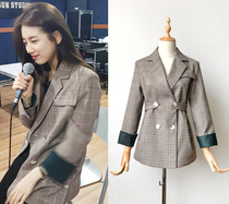 2021 autumn Korean edition Bae soo-ji with the same stripe chic plaid small suit women retro ins casual loose jacket