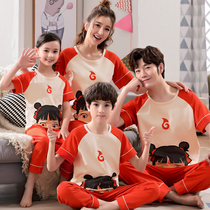 Spring and summer parent-child pajamas short-sleeved trousers a family of three mother and daughter father cotton cartoon Nezha home clothing set
