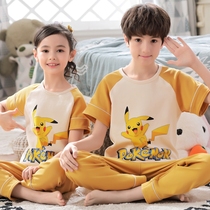 Childrens pajamas girl short-sleeved trousers cotton spring summer cartoon boy baby middle and large child home clothing thin set