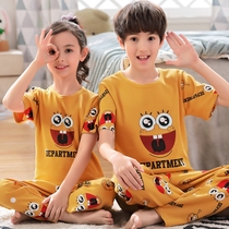 Boys pajamas spring and autumn cotton short-sleeved trousers suit children Girls baby 12 middle and big Children 15-year-old home clothes