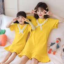 Korean version of lace princess nightgown women Summer cotton short sleeve dress girl size children children mother home clothes