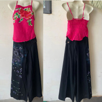 NZ1145 tie long pants spring summer autumn painted beaded long ethnic style flower pants straight pants black