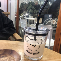 ins wind transparent glass with lid cover Cartoon creative coffee cup Juice milk water cup Household straw cup