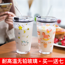 Korean version of the cute glass childrens student straw household heat-resistant milk tea ins scale breakfast cup milk water cup