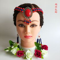 Mongolian red handmade beaded dance performance headdress Mongolian robe accessories New hair accessories Two forehead ornaments
