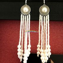 Mongolian element white long tassel earrings Handmade beaded earrings Mongolian robe with jewelry performance jewelry