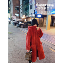 Mrs Qian hooded lamb hair over the knee long fur coat womens winter 2019 new fashion wool coat