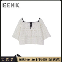 ( Domestic spot )EENK short-sleeved letter cutout V-nitted five-sleeved short leisure top women's suit