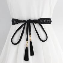 Womens openwork vintage cotton belt decorative Dress Versatile waist slim skirt Strap tassel knotted waist rope