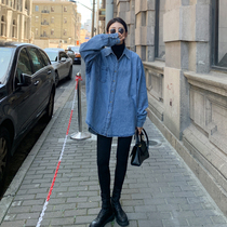 Korean denim shirt womens long sleeve wear 2021 new autumn loose bf wind inside casual top Blue