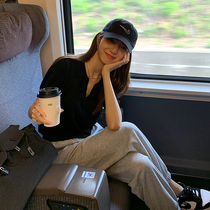 South Korea Black Temperament Short Sleeve T-Shirt Woman V Collar Summer 2022 New 100 Hitch Polo Stitch Shorts Shorts Blouse