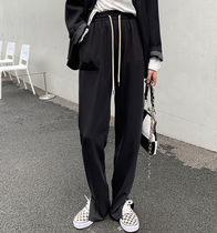 South Korea Pumping Rope Casual Pants Woman Straight Drum 2022 New High Waist Conspicuously Slim Loose With Open Fork Broadlegged Pants