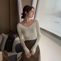 South Korean long sleeve T-shirt woman with slim fit 2021 new spring and autumn ocean fashion v collar-knitted sweatshirt with blouses outside