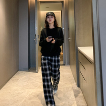 South Korea black and white plaid wide leg pants women 2021 new spring and autumn high waist straight straight loose versatile casual trousers