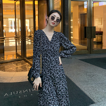 Korean floral dress women long sleeve 2021 Autumn New French fashion temperament waist thin chiffon long skirt