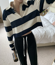 South Korean striped headguard female short design sensation Little crowdsourced 2021 Fall of new retro-loose blouses