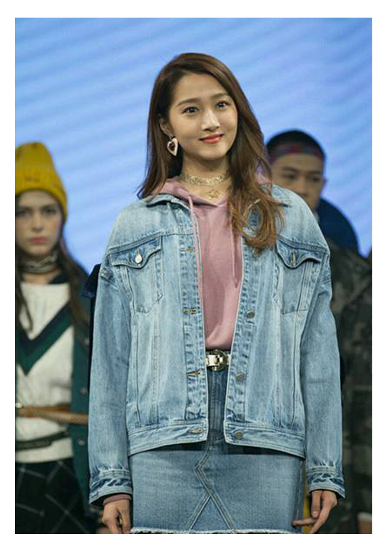 明星同款关晓彤2019秋冬时装新品发布会绑带洗水牛仔外套女潮