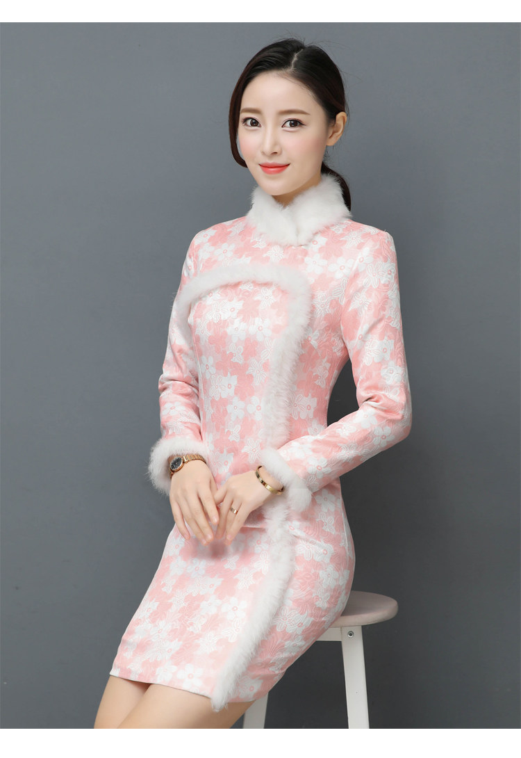 樱花雨原创时尚改良加棉冬季旗袍长袖女装粉色2018冬装新旗袍加厚