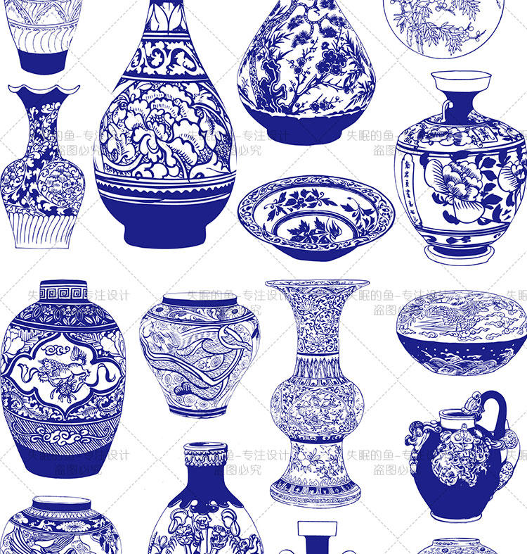 67款古典传统青花瓷器陶瓷瓶罐图案花鸟纹样矢量素材装饰挂画