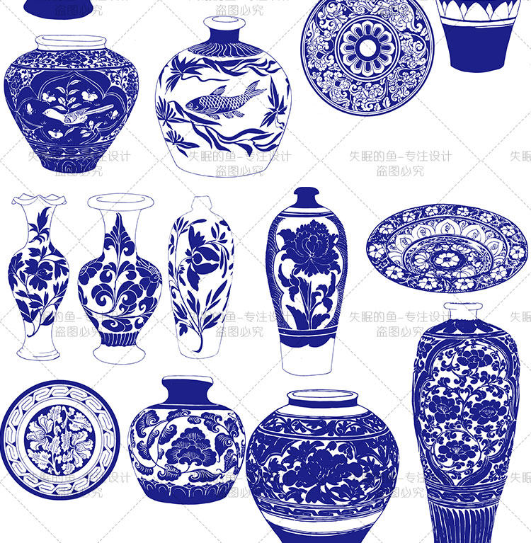 67款古典传统青花瓷器陶瓷瓶罐图案花鸟纹样矢量素材装饰挂画