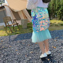 Girls beauty fish princess dresses Bright Pieces Fish Tail Skirts Children Birthday Half Body Dress Little Girl Foreign Air Mesh Yarn Dresses