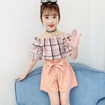 Womens childrens summer clothes 5 word collar 6 fashion foreign style 7 slip shoulder shirt shirt shorts 9 baby 12-year-old short sleeve two-piece suit