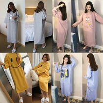  Pure cotton night dress womens spring and autumn long-sleeved mid-length one-piece pajamas womens Korean version of fresh loose home clothes can be worn outside