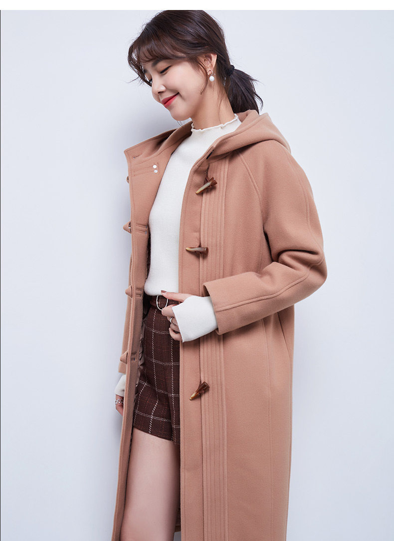 金苑连帽呢大衣女冬装新款呢子中长款牛角扣毛呢外套潮e75178_7折现价