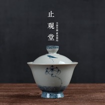 Jingdezhen ash glaze cover bowl Hand-painted lotus antique blue and white without bracket high foot tea bowl teacup ceramic large