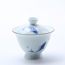 Gaiwan teacup large ceramic Jingdezhen hand-painted blue and white porcelain tall three-legged bowl Kung Fu tea set White porcelain tea bowl