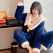 Beautiful girl Coral velvet thickened velvet pajamas Womens winter sweet long-sleeved trousers suit Flannel cute home clothes