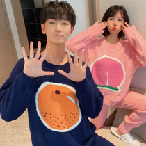 Fruit coral velvet pajamas Womens winter long-sleeved plush thickened cute soft mens autumn and winter couple home clothes set