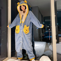 Bear coral velvet pajamas Womens winter long night dress thickened velvet nightgown loose can wear cute home clothes outside